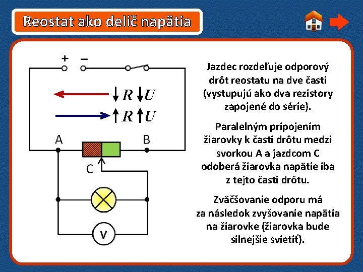 Reostat ako delič napätia R U Jazdec rozdeľuje odporový drôt reostatu na dve časti