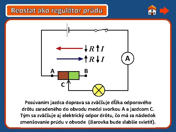 Reostat ako regulátor prúdu R I Posúvaním jazdca doprava sa zväčšuje dĺžka odporového drôtu
