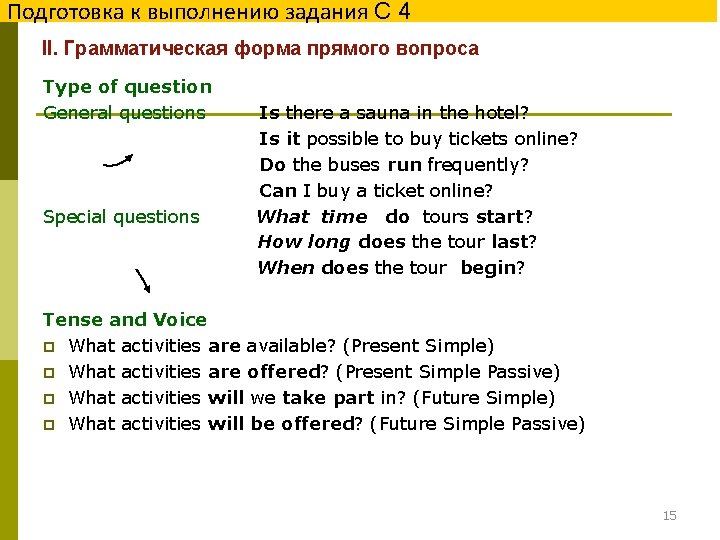 Подготовка к выполнению задания С 4 II. Грамматическая форма прямого вопроса Type of question
