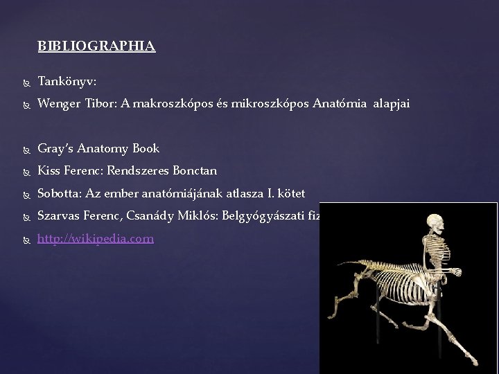 BIBLIOGRAPHIA Tankönyv: Wenger Tibor: A makroszkópos és mikroszkópos Anatómia alapjai Gray’s Anatomy Book Kiss