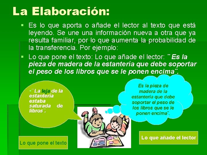 La Elaboración: § Es lo que aporta o añade el lector al texto que