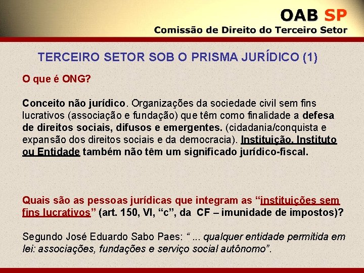 TERCEIRO SETOR SOB O PRISMA JURÍDICO (1) O que é ONG? Conceito não jurídico.