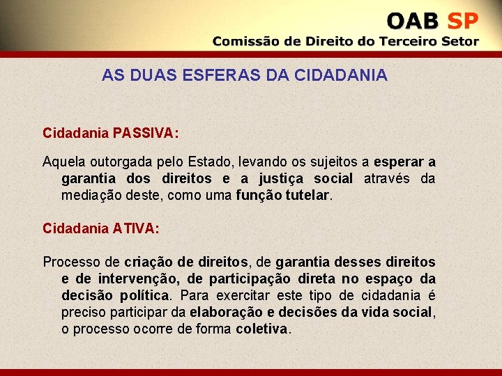 AS DUAS ESFERAS DA CIDADANIA Cidadania PASSIVA: Aquela outorgada pelo Estado, levando os sujeitos