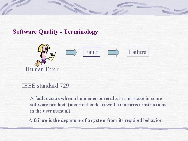 Software Quality - Terminology Fault Failure Human Error IEEE standard 729 A fault occurs