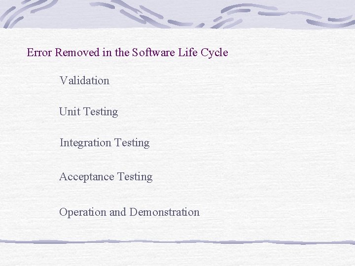 Error Removed in the Software Life Cycle Validation Unit Testing Integration Testing Acceptance Testing