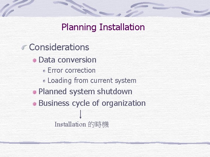 Planning Installation Considerations Data conversion Error correction Loading from current system Planned system shutdown