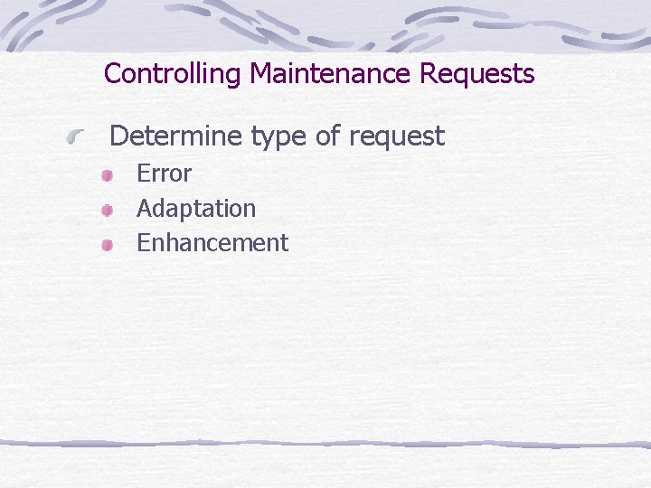 Controlling Maintenance Requests Determine type of request Error Adaptation Enhancement 