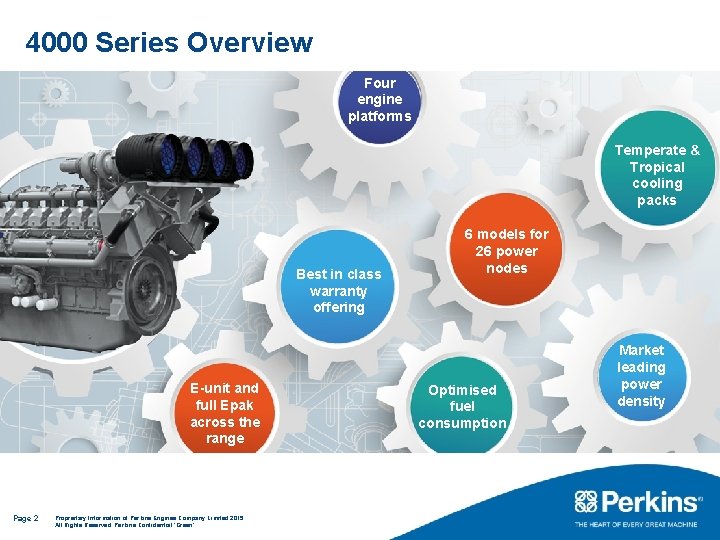 4000 Series Overview Four engine platforms Temperate & Tropical cooling packs Best in class