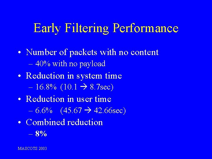 Early Filtering Performance • Number of packets with no content – 40% with no