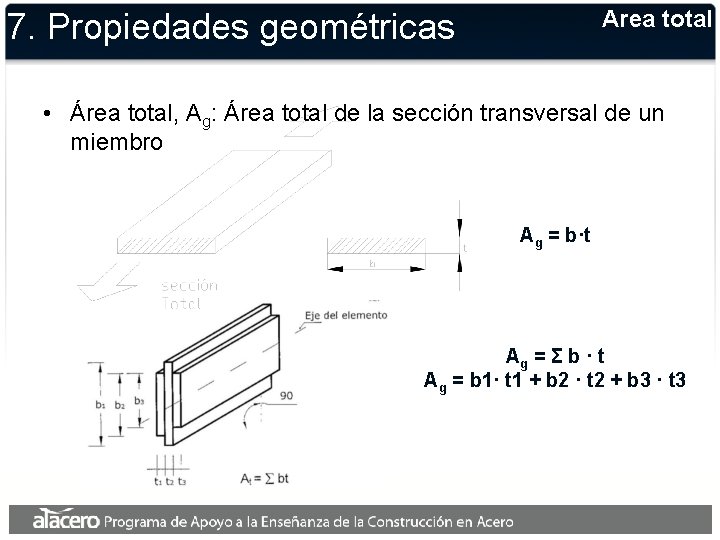 Area total 7. Propiedades geométricas • Área total, Ag: Área total de la sección