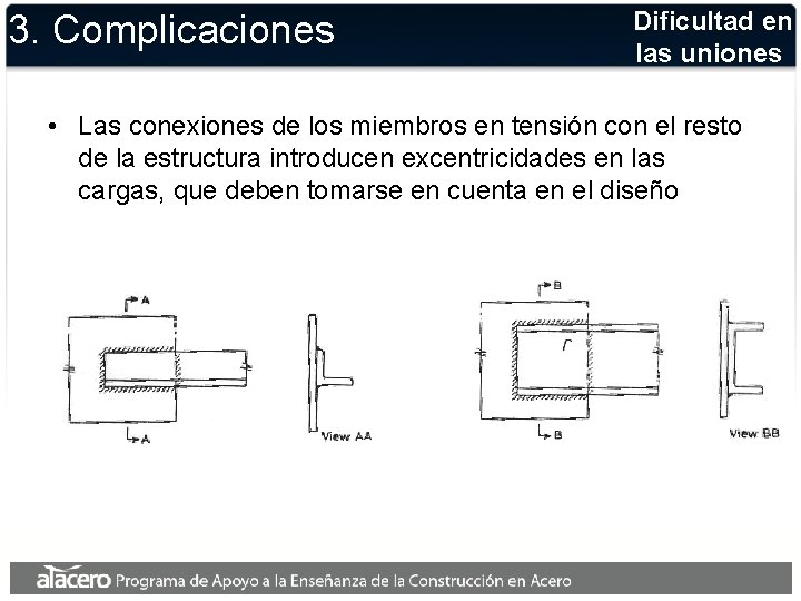 3. Complicaciones Dificultad en las uniones • Las conexiones de los miembros en tensión
