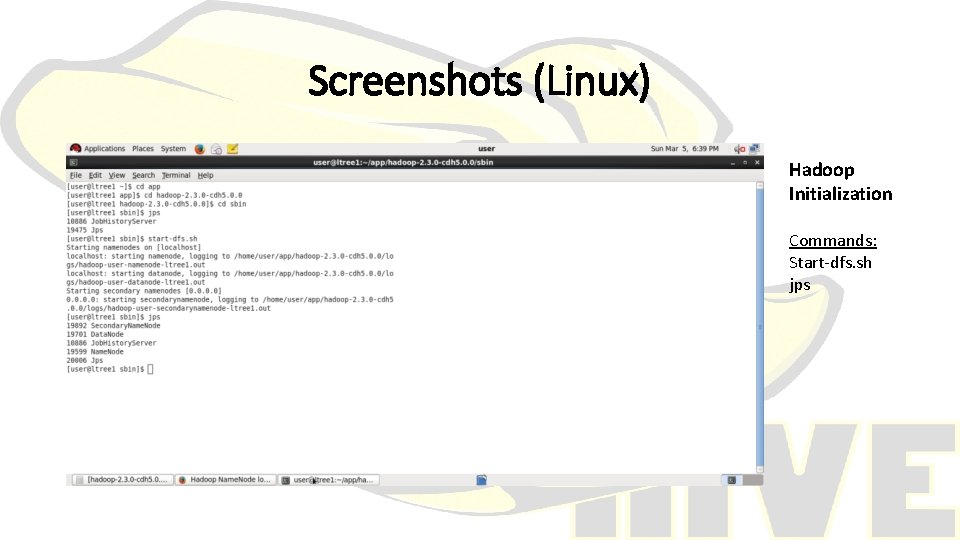 Screenshots (Linux) Hadoop Initialization Commands: Start-dfs. sh jps 