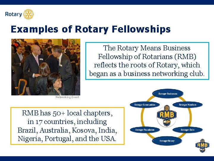 Examples of Rotary Fellowships The Rotary Means Business Fellowship of Rotarians (RMB) reflects the Examples of Rotary Fellowships The Rotary Means Business Fellowship of Rotarians (RMB) reflects the