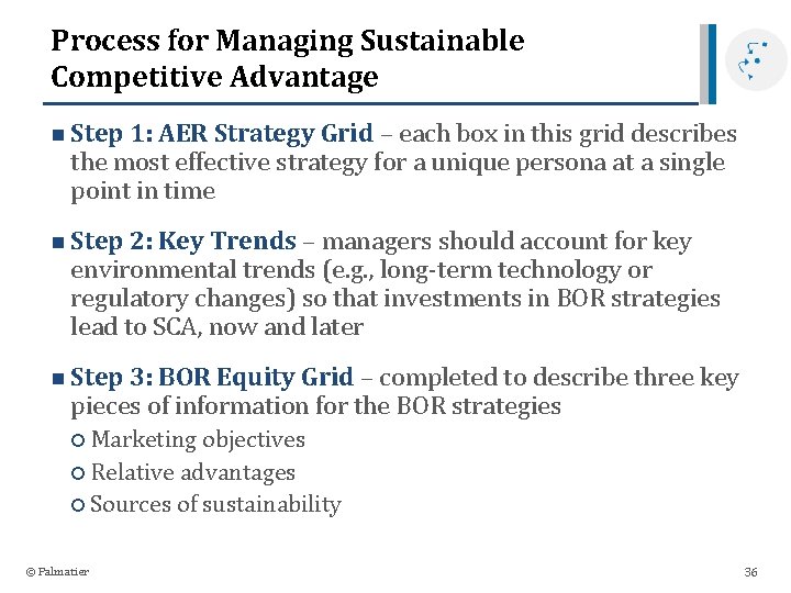 Process for Managing Sustainable Competitive Advantage n Step 1: AER Strategy Grid – each