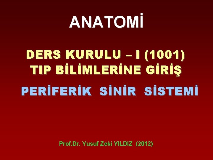 ANATOMİ DERS KURULU – I (1001) TIP BİLİMLERİNE GİRİŞ PERİFERİK SİNİR SİSTEMİ Prof. Dr.