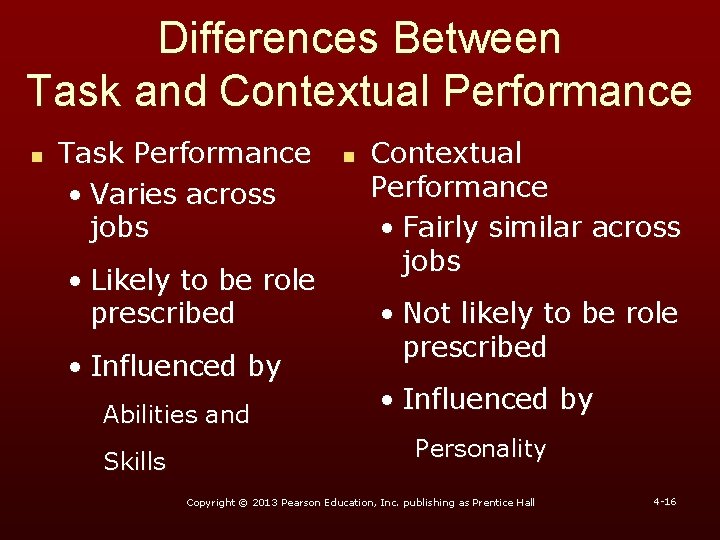 Differences Between Task and Contextual Performance n Task Performance • Varies across jobs •