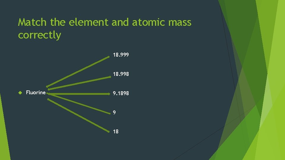 Match the element and atomic mass correctly 18. 999 18. 998 Fluorine 9. 1898