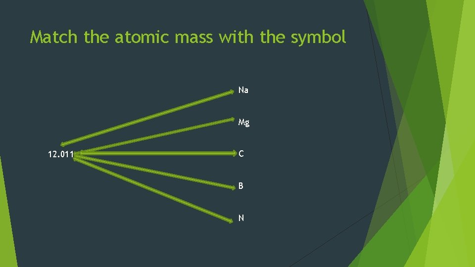 Match the atomic mass with the symbol Na Mg 12. 011 C B N