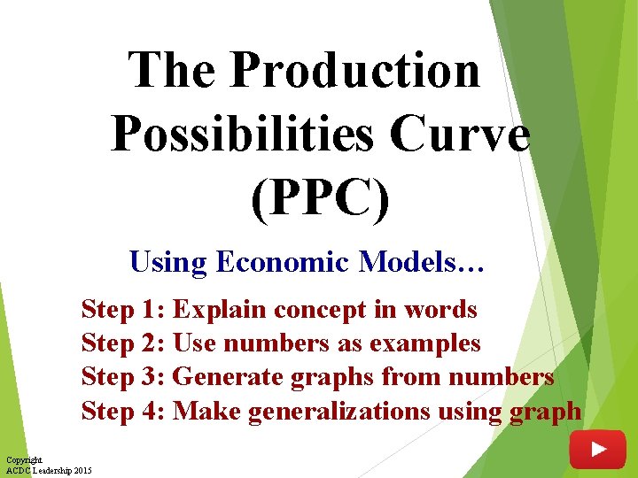 The Production Possibilities Curve (PPC) Using Economic Models… Step 1: Explain concept in words