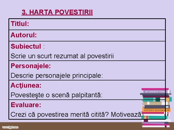 3. HARTA POVESTIRII Titlul: Autorul: Subiectul : Scrie un scurt rezumat al povestirii Personajele: 3. HARTA POVESTIRII Titlul: Autorul: Subiectul : Scrie un scurt rezumat al povestirii Personajele: