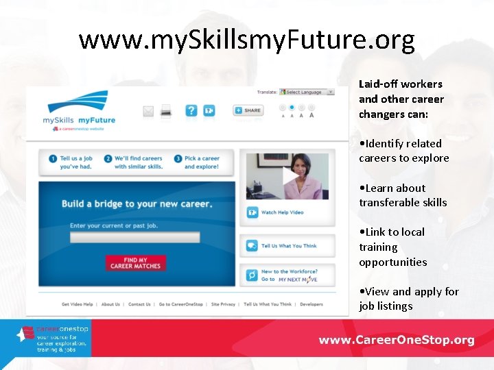www. my. Skillsmy. Future. org Laid-off workers and other career changers can: • Identify