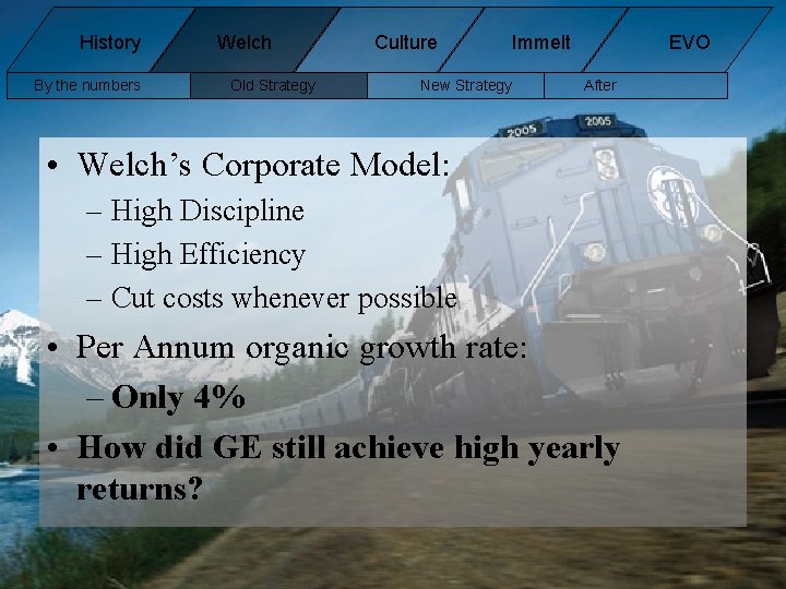 History By the numbers Welch Old Strategy Culture New Strategy Immelt EVO After • History By the numbers Welch Old Strategy Culture New Strategy Immelt EVO After •
