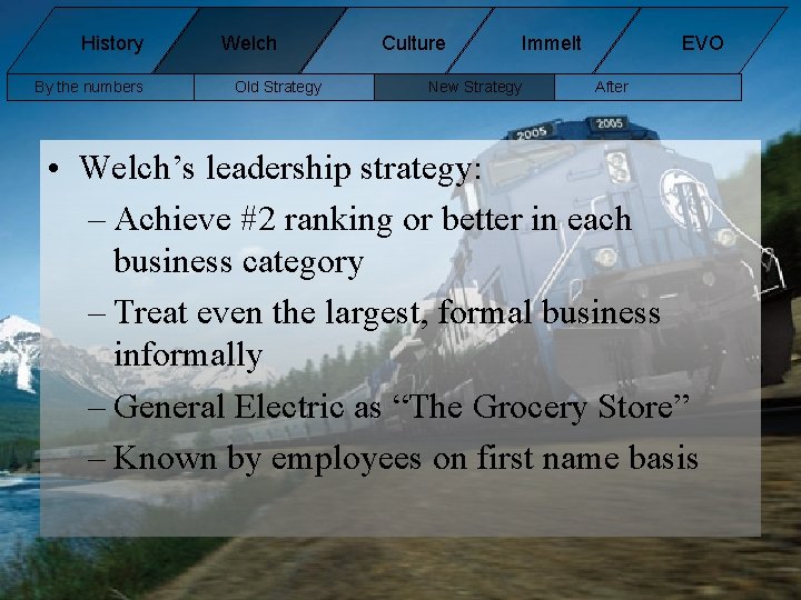 History By the numbers Welch Old Strategy Culture New Strategy Immelt EVO After • History By the numbers Welch Old Strategy Culture New Strategy Immelt EVO After •