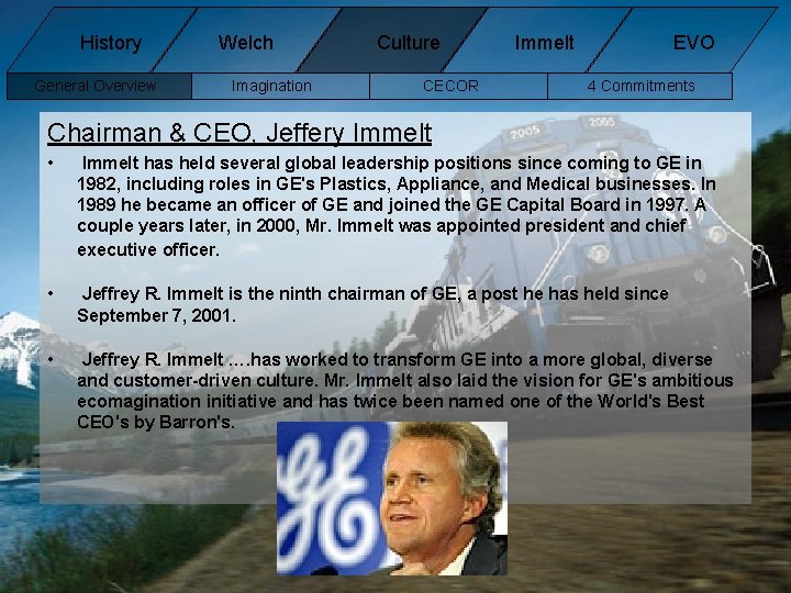 History General Overview Welch Imagination Culture CECOR Immelt EVO 4 Commitments Chairman & CEO, History General Overview Welch Imagination Culture CECOR Immelt EVO 4 Commitments Chairman & CEO,