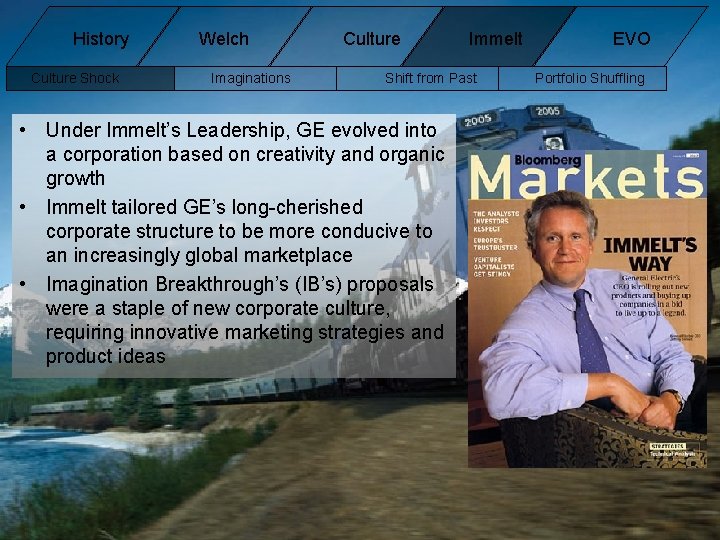 History Culture Shock Welch Imaginations Culture Immelt Shift from Past • Under Immelt’s Leadership, History Culture Shock Welch Imaginations Culture Immelt Shift from Past • Under Immelt’s Leadership,