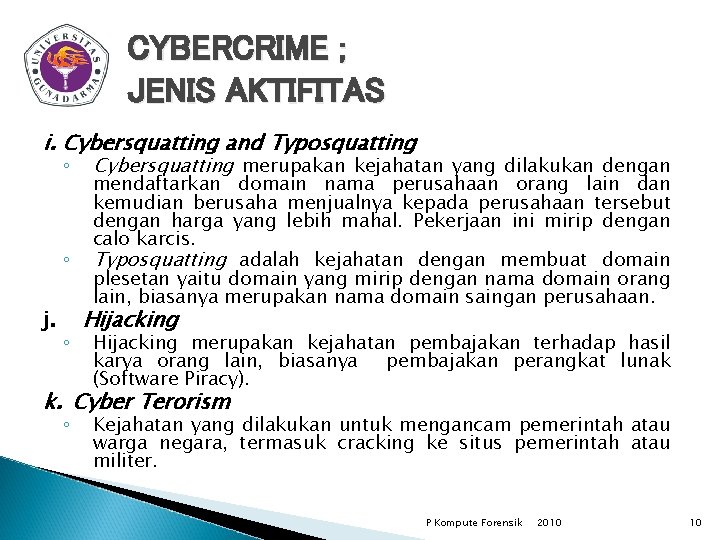 CYBERCRIME ; JENIS AKTIFITAS i. Cybersquatting and Typosquatting ◦ ◦ j. ◦ Cybersquatting merupakan