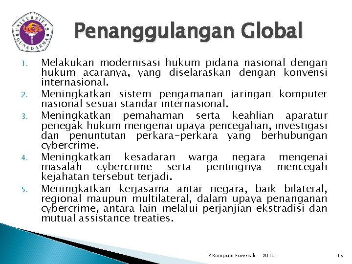 Penanggulangan Global 1. 2. 3. 4. 5. Melakukan modernisasi hukum pidana nasional dengan hukum