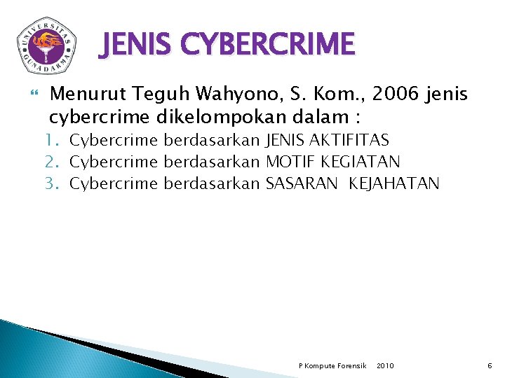 JENIS CYBERCRIME Menurut Teguh Wahyono, S. Kom. , 2006 jenis cybercrime dikelompokan dalam :