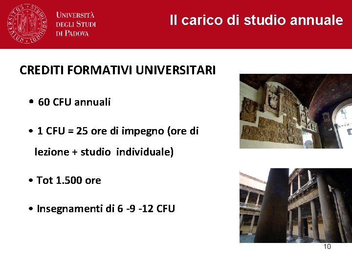 Il carico di studio annuale CREDITI FORMATIVI UNIVERSITARI • 60 CFU annuali • 1