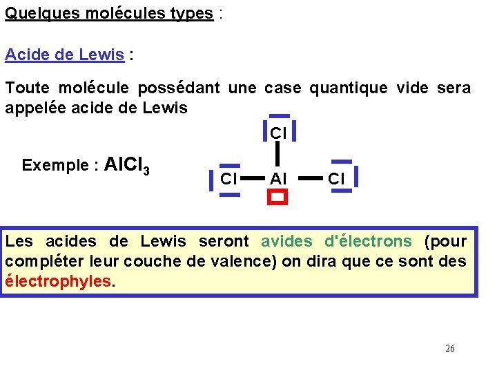 Quelques molécules types : Acide de Lewis : Toute molécule possédant une case quantique Quelques molécules types : Acide de Lewis : Toute molécule possédant une case quantique