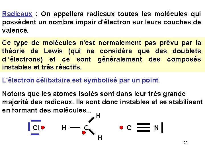 Radicaux : On appellera radicaux toutes les molécules qui possèdent un nombre impair d'électron Radicaux : On appellera radicaux toutes les molécules qui possèdent un nombre impair d'électron