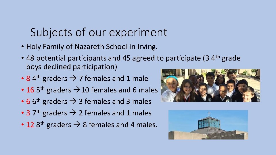 Subjects of our experiment • Holy Family of Nazareth School in Irving. • 48