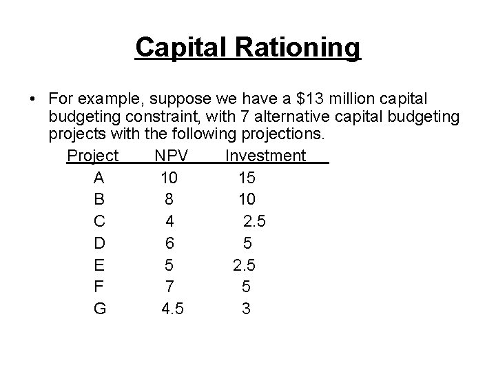 Capital Rationing • For example, suppose we have a $13 million capital budgeting constraint,