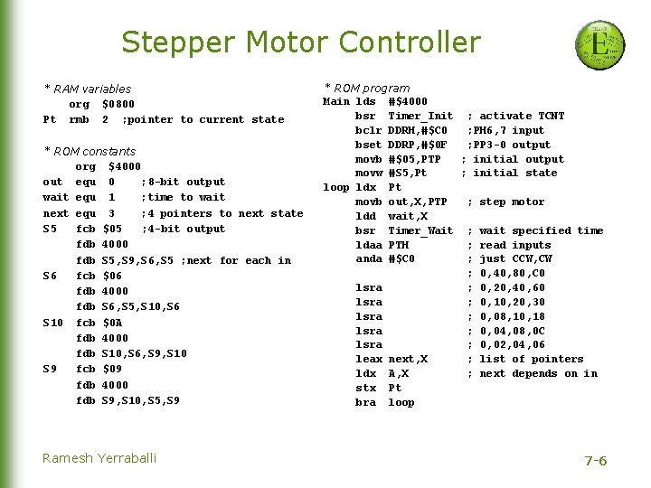 Stepper Motor Controller * RAM variables org $0800 Pt rmb 2 ; pointer to
