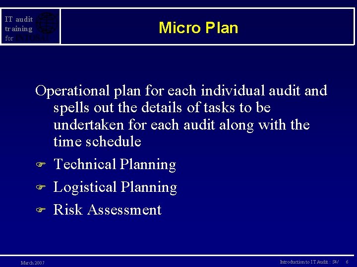 IT audit training Micro Plan for Operational plan for each individual audit and spells