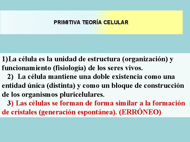 PRIMITIVA TEORÍA CELULAR 1)La célula es la unidad de estructura (organización) y funcionamiento (fisiología) PRIMITIVA TEORÍA CELULAR 1)La célula es la unidad de estructura (organización) y funcionamiento (fisiología)