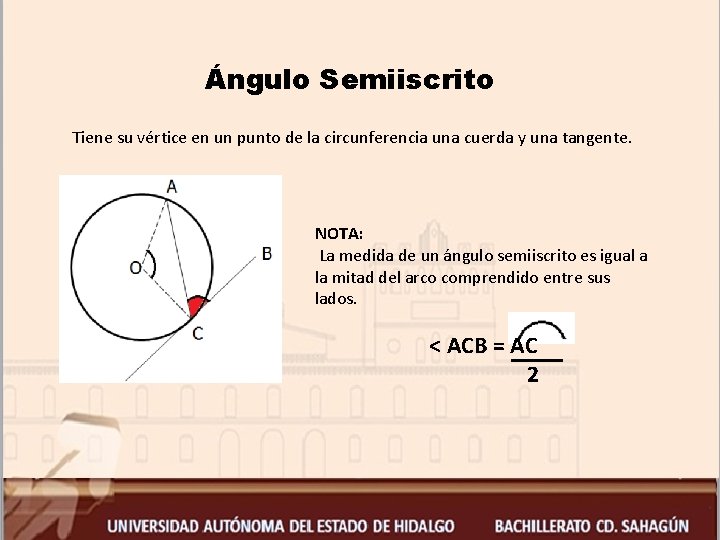 Ángulo Semiiscrito Tiene su vértice en un punto de la circunferencia una cuerda y