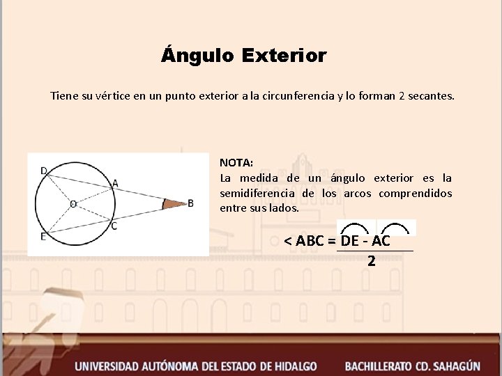 Ángulo Exterior Tiene su vértice en un punto exterior a la circunferencia y lo