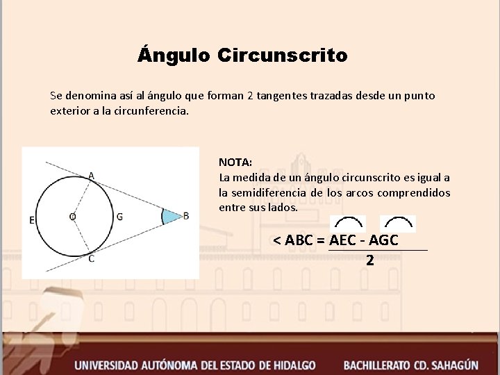 Ángulo Circunscrito Se denomina así al ángulo que forman 2 tangentes trazadas desde un