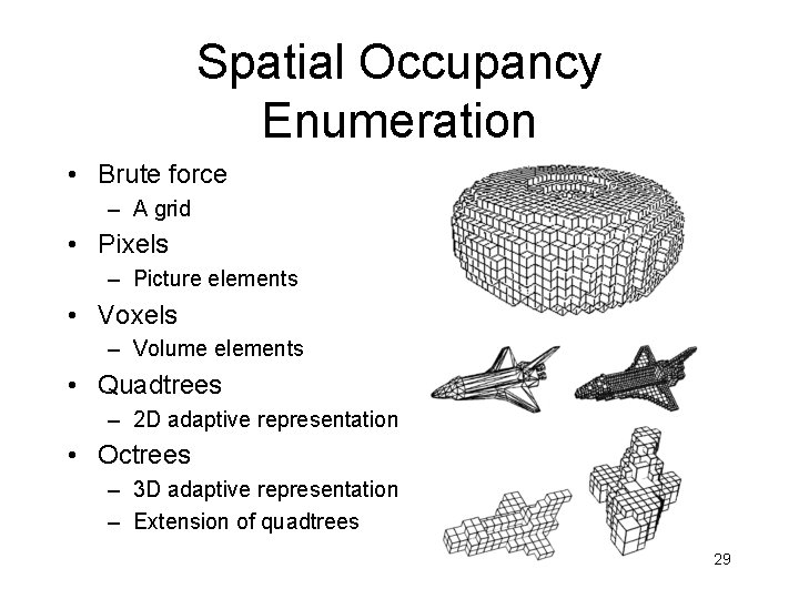 Spatial Occupancy Enumeration • Brute force – A grid • Pixels – Picture elements