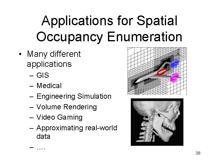 Applications for Spatial Occupancy Enumeration • Many different applications – – – GIS Medical