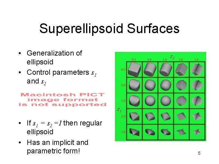 Superellipsoid Surfaces • Generalization of ellipsoid • Control parameters s 1 and s 2