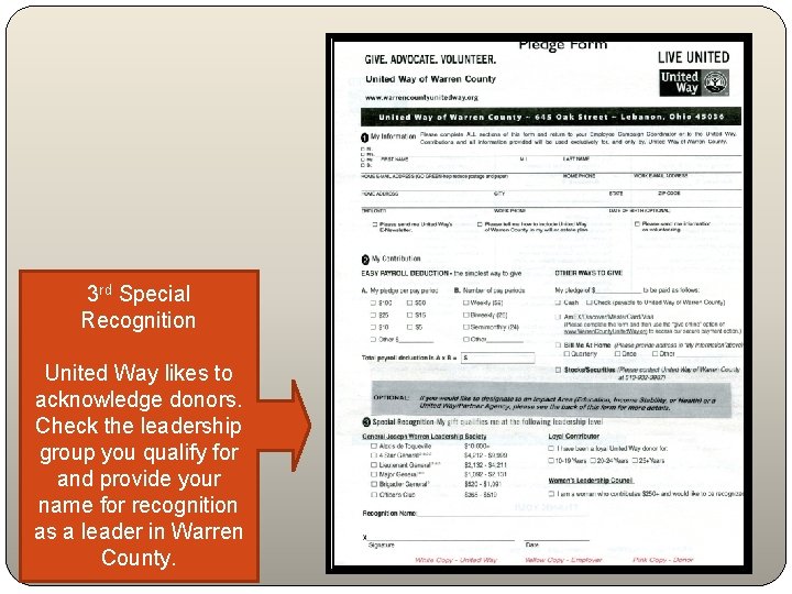 3 rd Special Recognition United Way likes to acknowledge donors. Check the leadership group