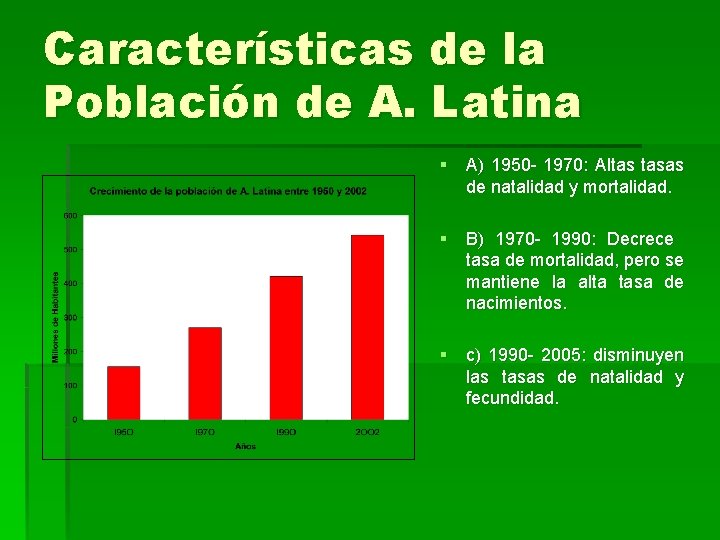 Características de la Población de A. Latina § A) 1950 - 1970: Altas tasas