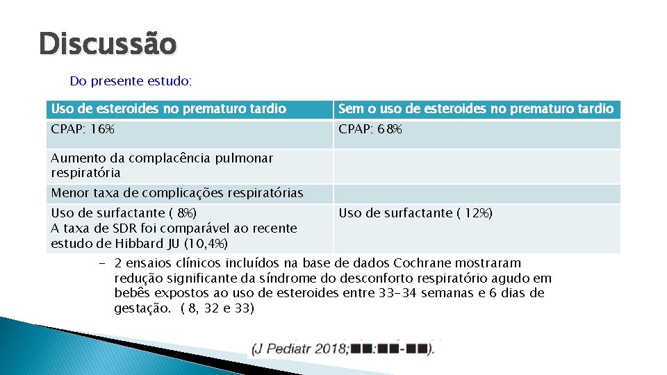 Discussão Do presente estudo: Uso de esteroides no prematuro tardio Sem o uso de