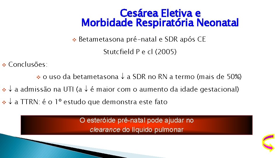 Cesárea Eletiva e Morbidade Respiratória Neonatal v Betametasona pré-natal e SDR após CE Stutcfield